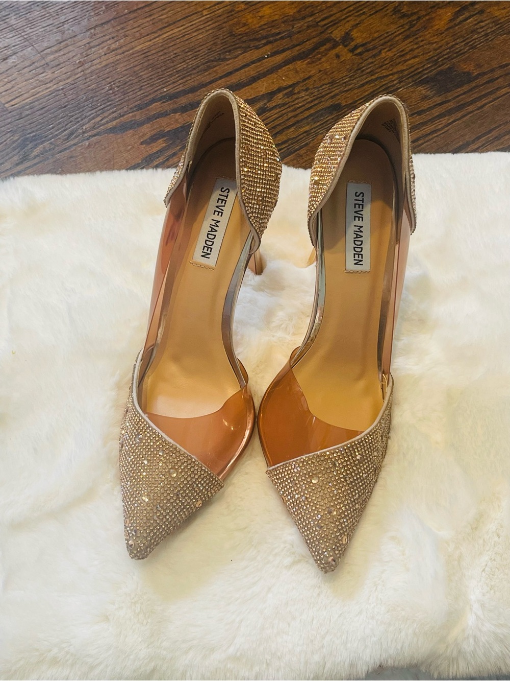 Steve Madden elegant gold Crystal Pointed-Toe Clear Panel Stiletto Heels - Picture 7 of 12